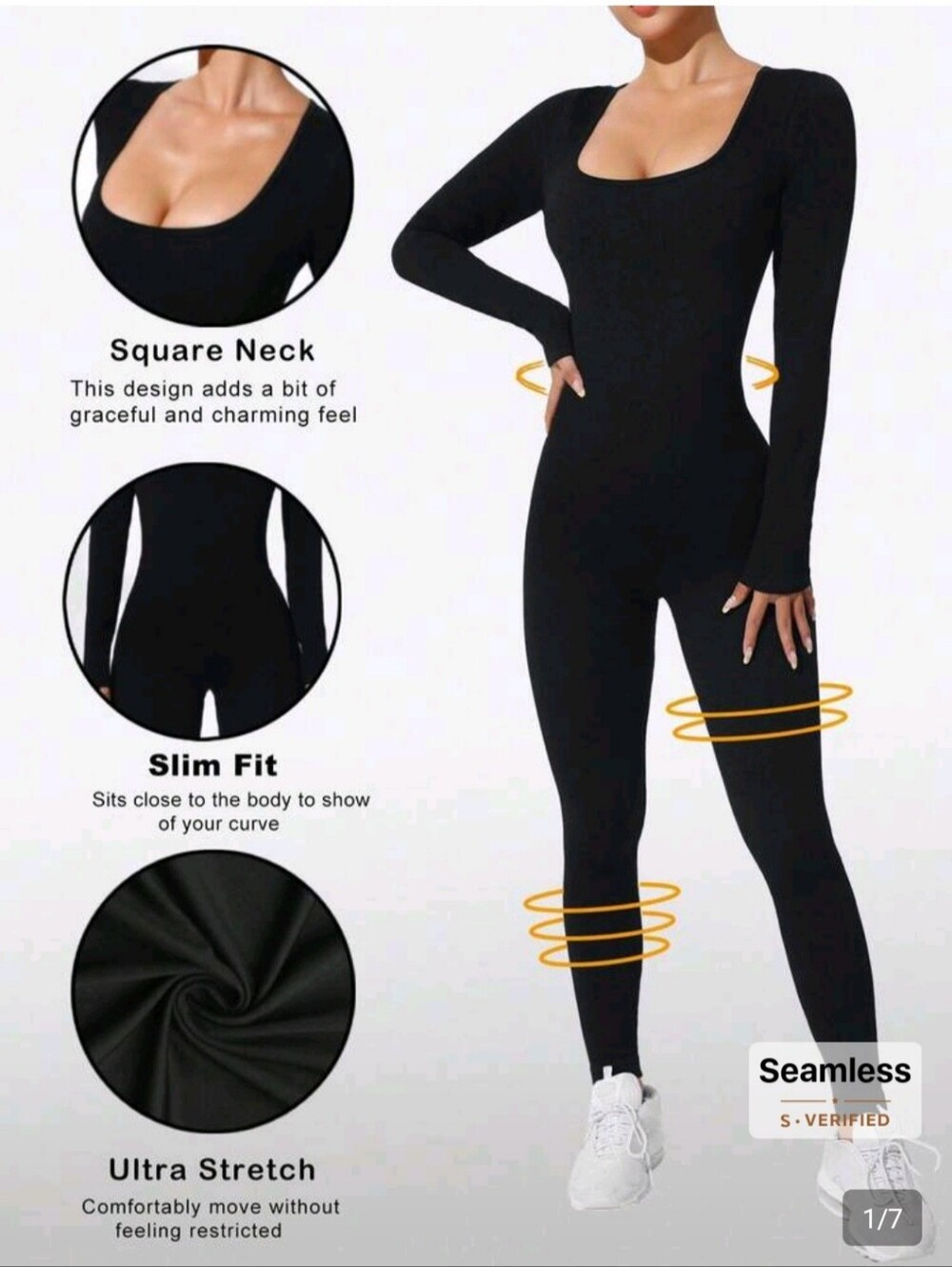Seamless Black Long-Sleeve Scoop Neck Jumpsuit